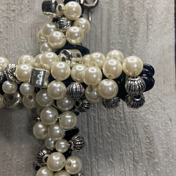 Handmade Unique Black Silver Pearl Beaded Wired Cross Christian Religious Cross - Picture 2 of 10